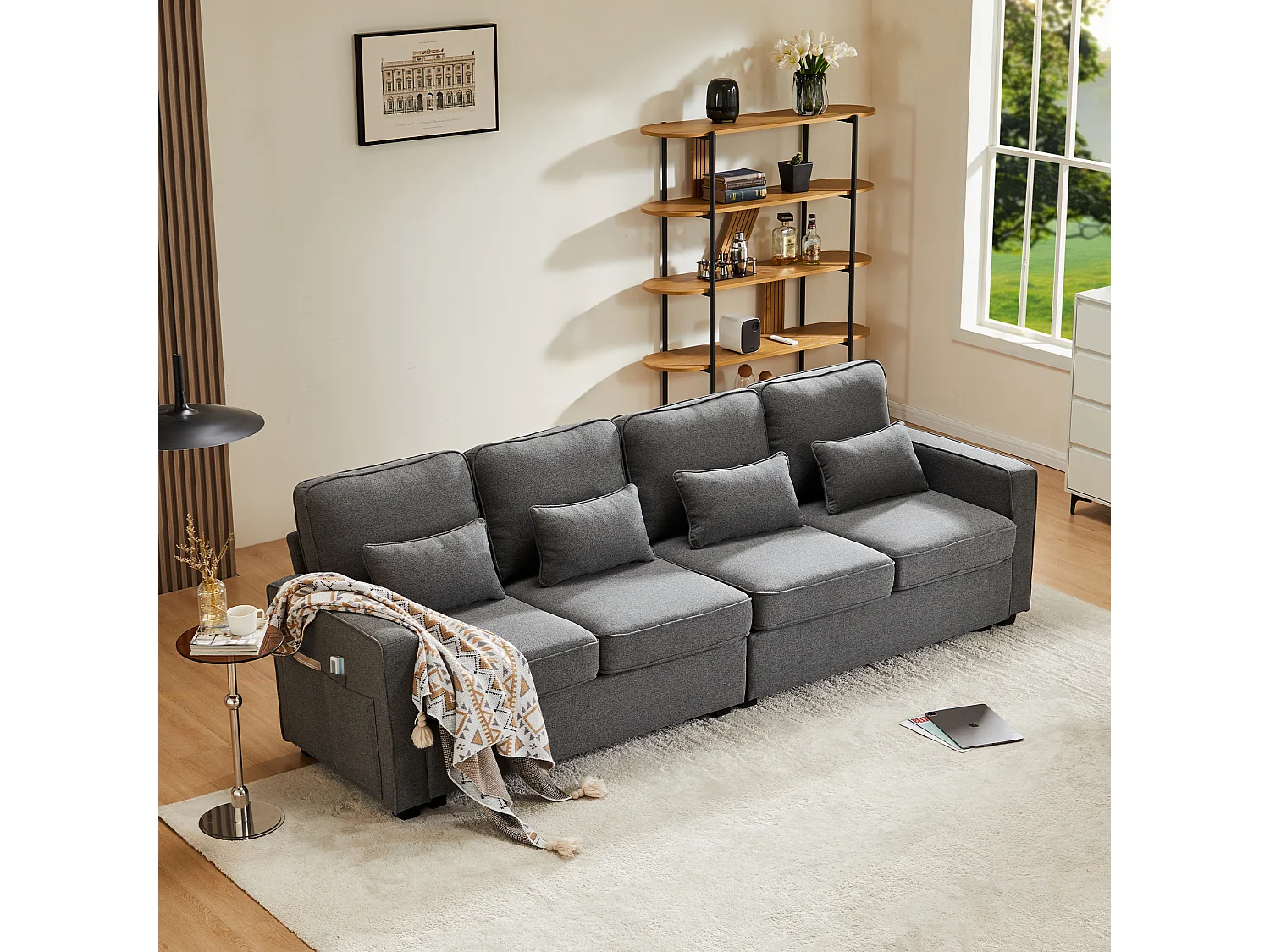 Canapé 4 places en lin gris, design moderne avec poches latérales pratiques et 4 coussins moelleux, parfait pour salon ou appartement