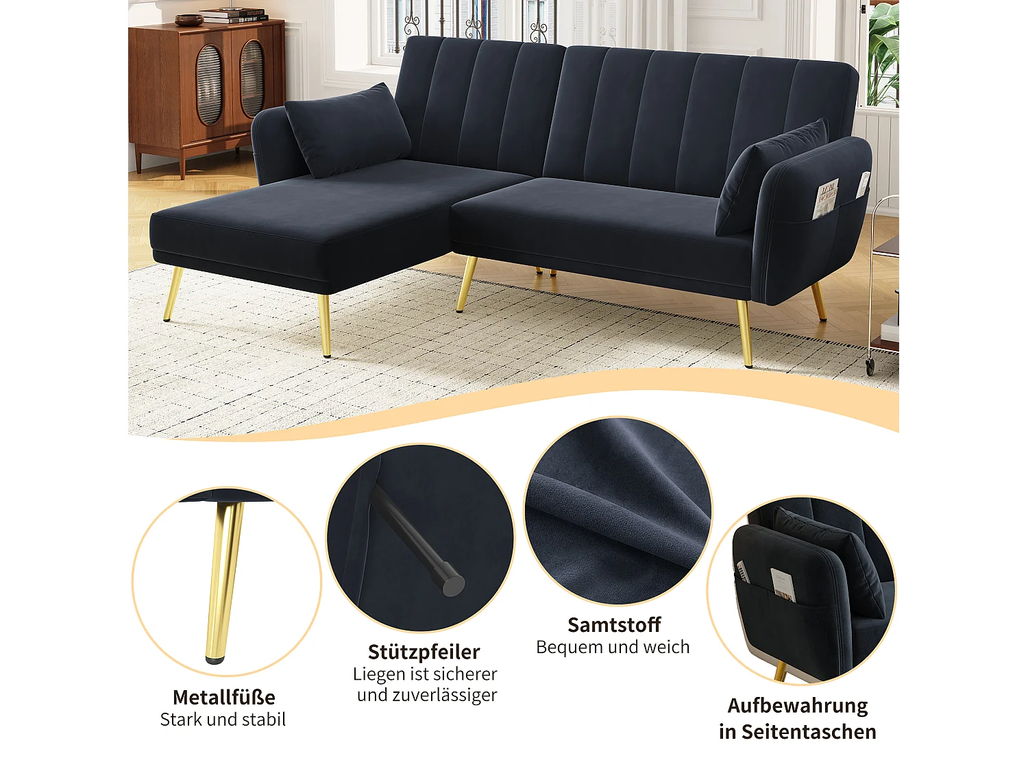 Canapé d’angle en L moderne, convertible en lit avec coin supplémentaire, idéal pour salon, chambre, home cinéma ou chambre d’invités