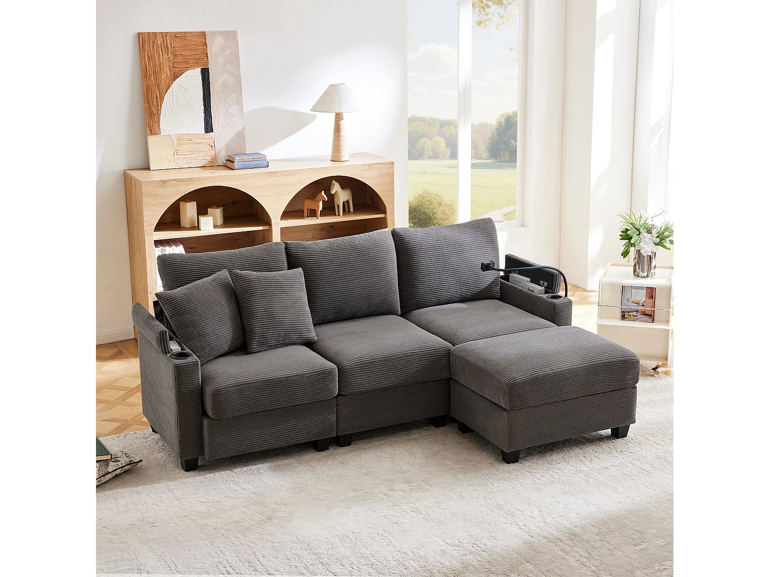 Canapé d’angle en L gris foncé avec pouf, convertible en canapé 3 places, porte-gobelets, port USB et 2 coussins, idéal pour salon ou bureau