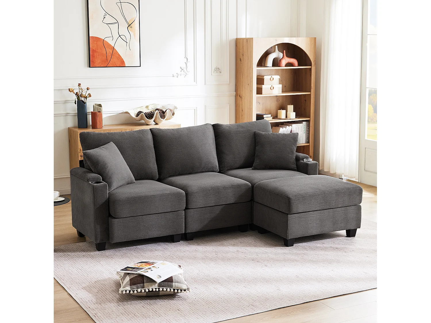 Canapé d’angle en L gris foncé avec pouf, convertible en canapé 3 places, porte-gobelets, port USB et 2 coussins, idéal pour salon ou bureau