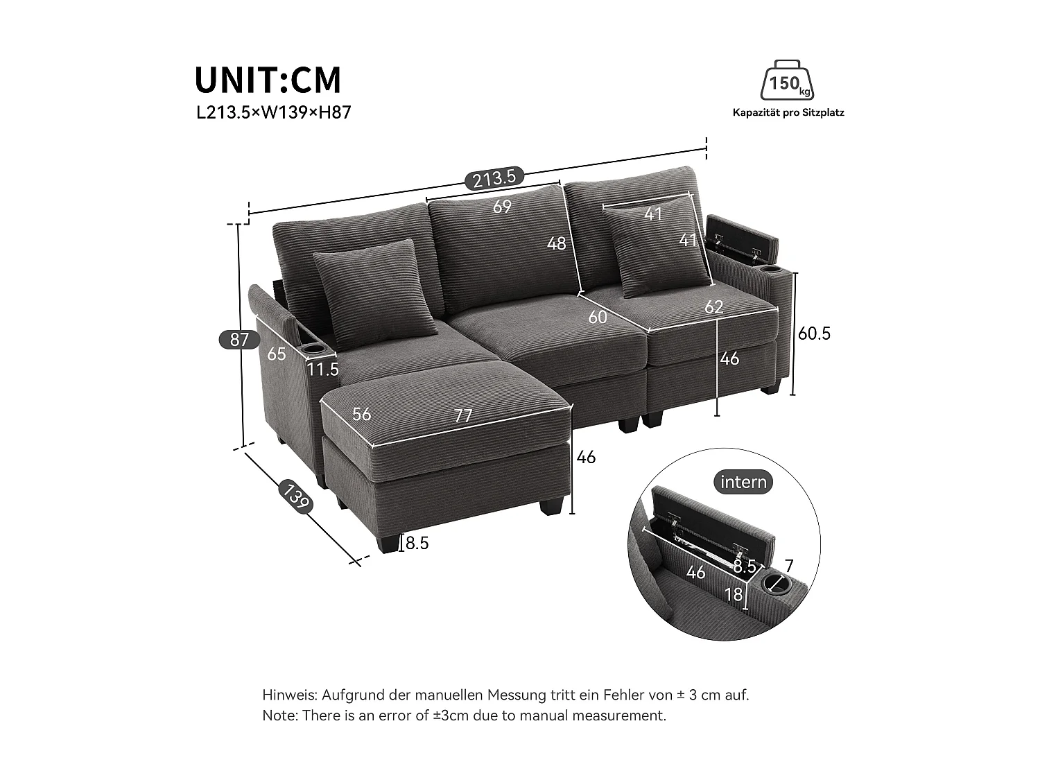 Canapé d’angle en L gris foncé avec pouf, convertible en canapé 3 places, porte-gobelets, port USB et 2 coussins, idéal pour salon ou bureau