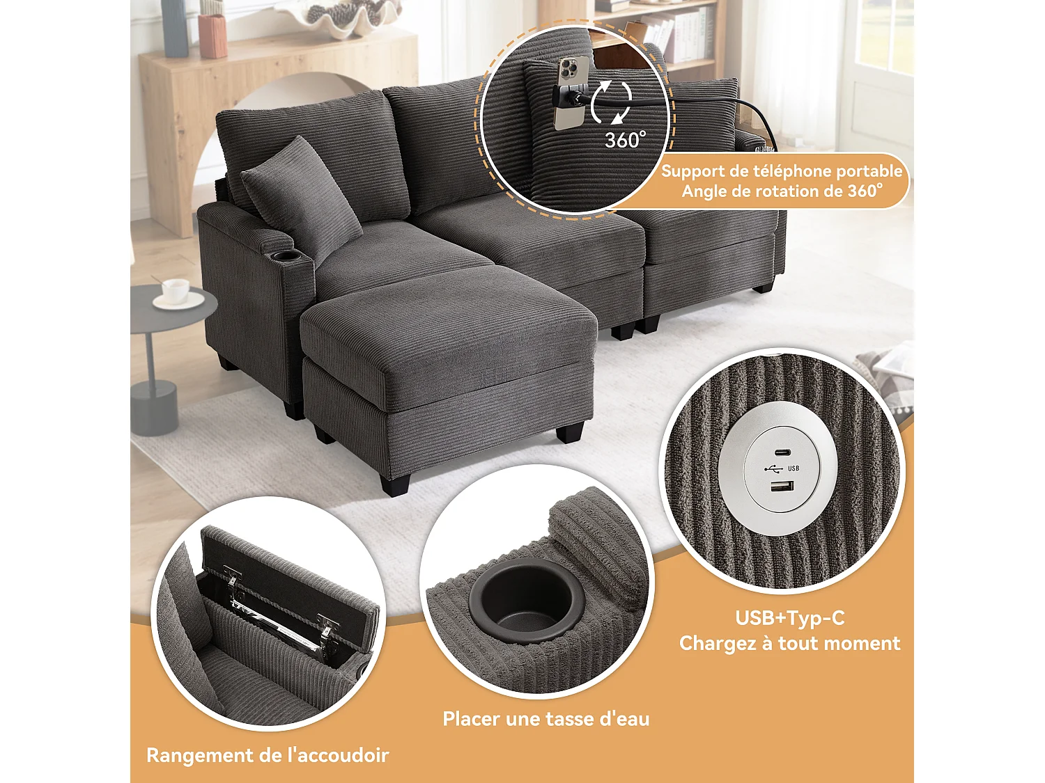 Canapé d’angle en L gris foncé avec pouf, convertible en canapé 3 places, porte-gobelets, port USB et 2 coussins, idéal pour salon ou bureau