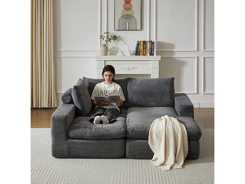 Canapé L moderne sans pieds avec chaise en velours côtelé et 3 coussins – Convient pour salon et chambre, sans montage requis