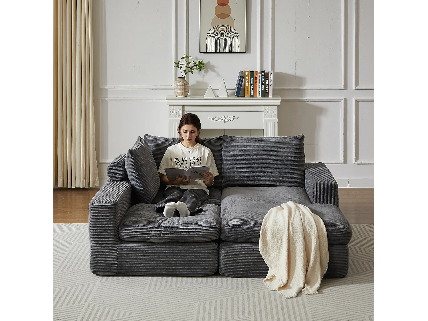 Canapé L moderne sans pieds avec chaise en velours côtelé et 3 coussins – Convient pour salon et chambre, sans montage requis