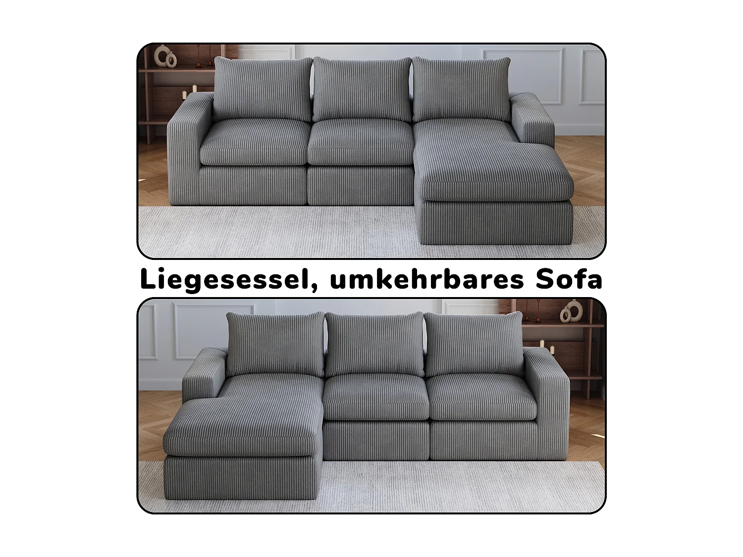 Canapé L moderne sans pieds avec chaise en velours côtelé et 3 coussins – Convient pour salon et chambre, sans montage requis