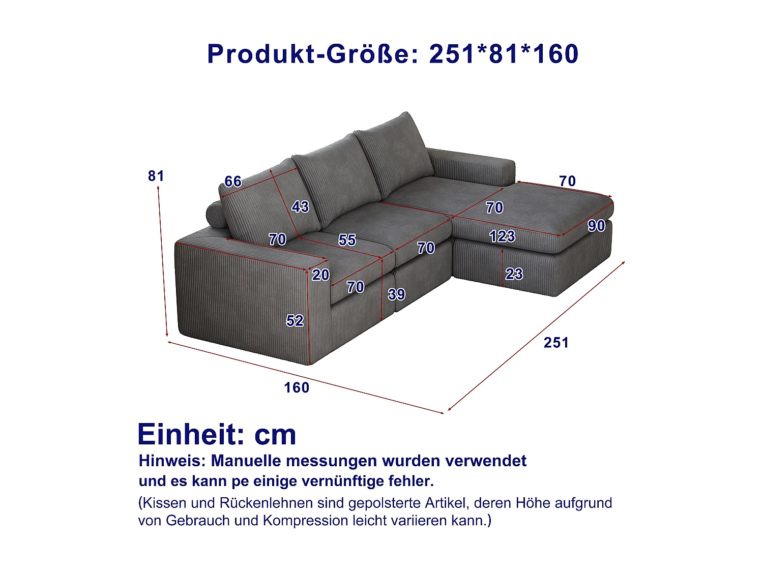 Canapé L moderne sans pieds avec chaise en velours côtelé et 3 coussins – Convient pour salon et chambre, sans montage requis