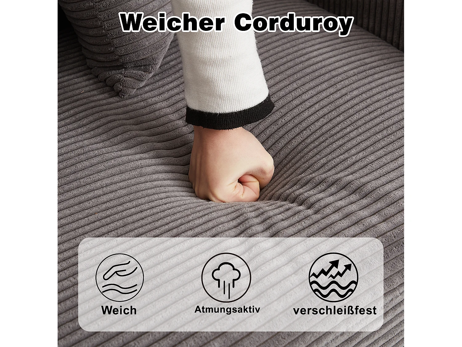 Canapé L moderne sans pieds avec chaise en velours côtelé et 3 coussins – Convient pour salon et chambre, sans montage requis