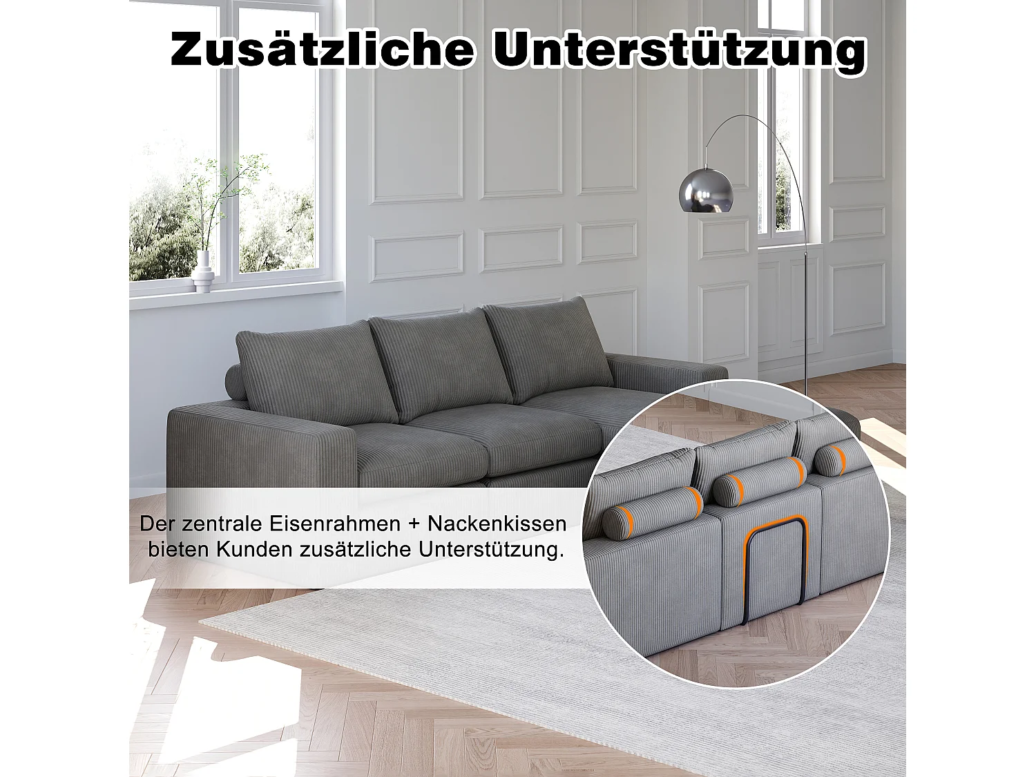 Canapé L moderne sans pieds avec chaise en velours côtelé et 3 coussins – Convient pour salon et chambre, sans montage requis