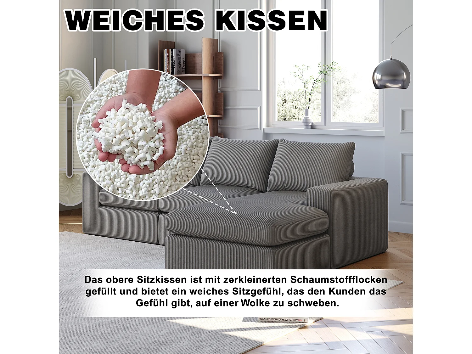 Canapé L moderne sans pieds avec chaise en velours côtelé et 3 coussins – Convient pour salon et chambre, sans montage requis