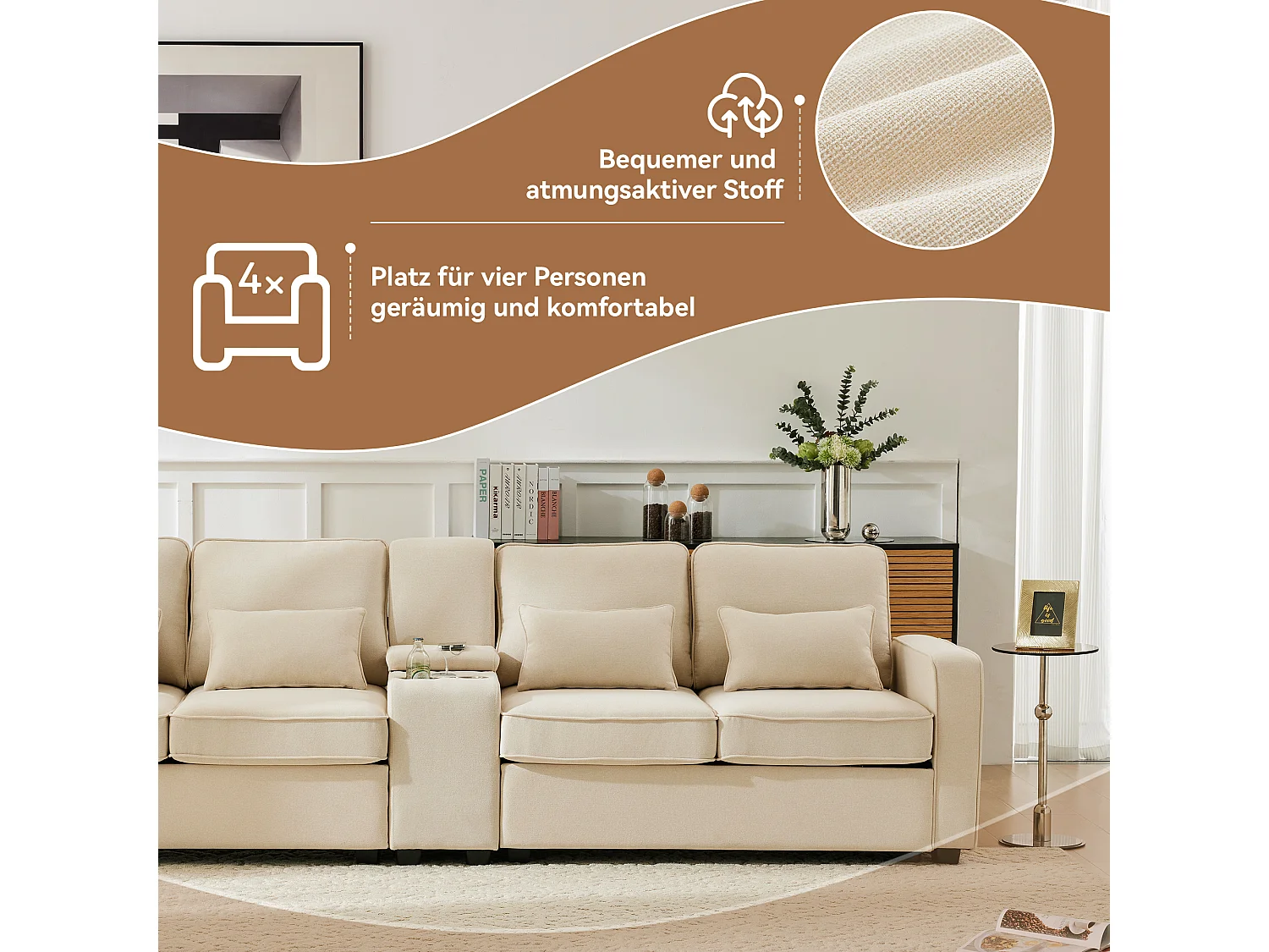 Canapé 4 places en lin avec console, 2 porte-gobelets, 2 ports USB et 4 coussins, design simple pour salon, appartement ou bureau