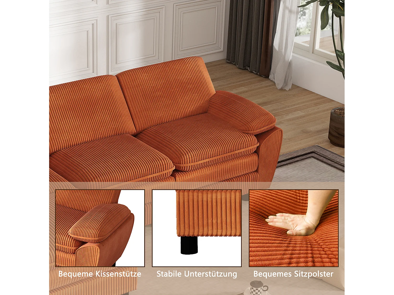 Canapé modulable en velours avec coussins doubles et ottomane amovible – Salon élégant et confortable pour maison ou appartement