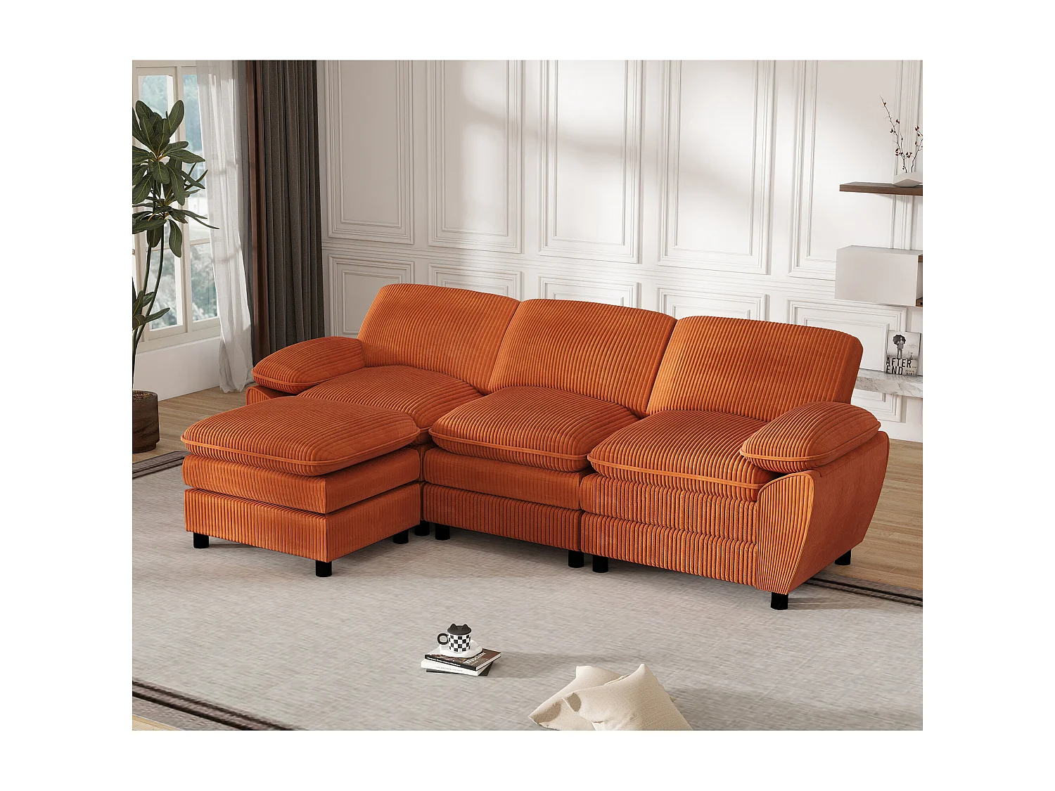 Canapé modulable en velours avec coussins doubles et ottomane amovible – Salon élégant et confortable pour maison ou appartement