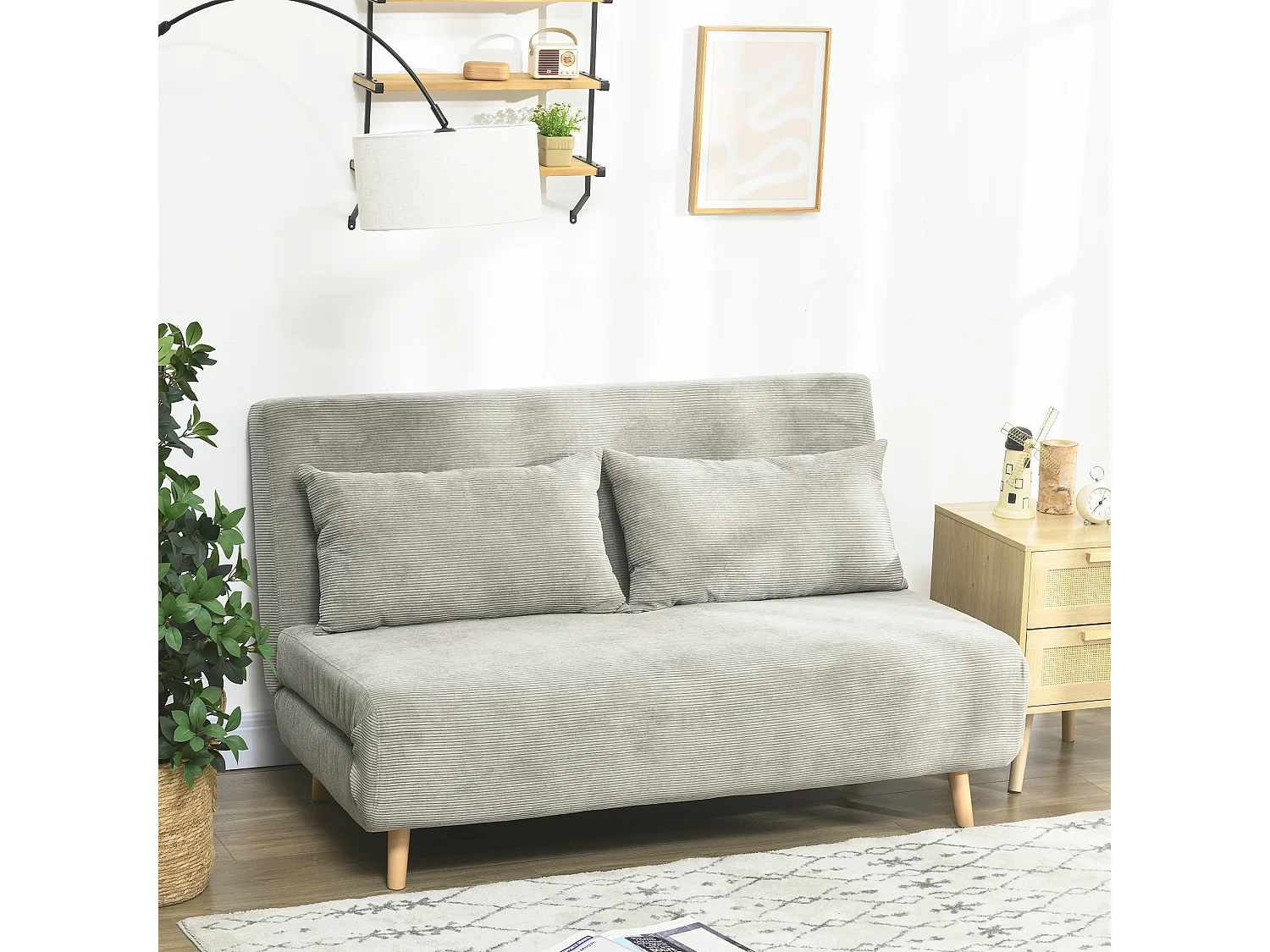 Canapé-lit pliant en velours gris, avec dossier réglable et coussins de dossier, design moderne et compact