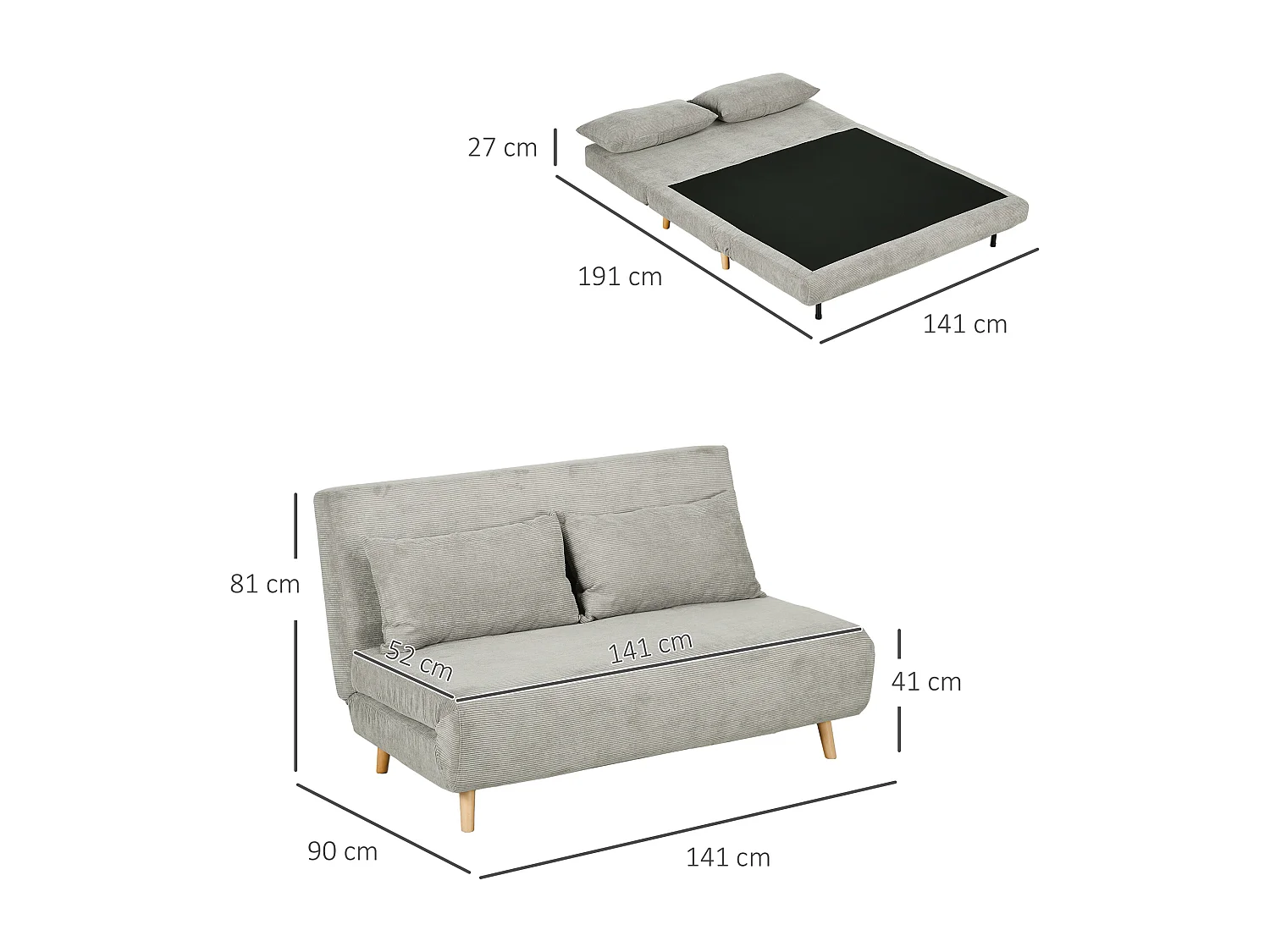 Canapé-lit pliant en velours gris, avec dossier réglable et coussins de dossier, design moderne et compact