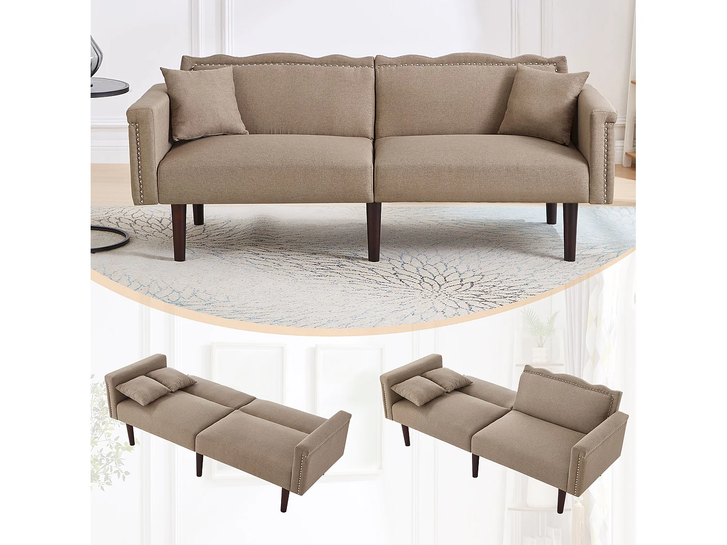 Canapé-lit 2 places 2-en-1 avec dossier réglable, tissu coton-lin, mousse haute densité, design élégant avec détails métalliques