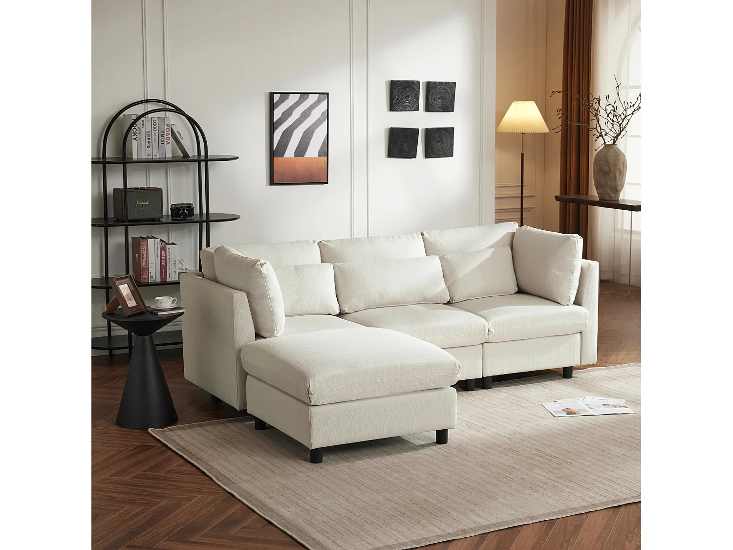 Canapé d’angle en L 3 places avec pouf, design moderne et confortable, idéal pour salon ou appartement