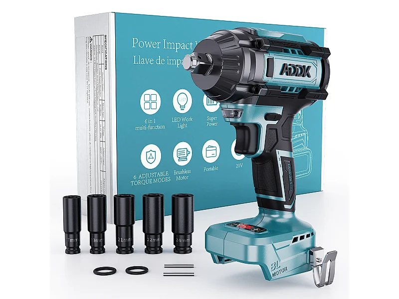 21V slagschroevendraaier zonder accu, 1000Nm, 6 snelheden met digitale koppelweergave + 5 doppen (17/19/21/22/24mm) + accessoires