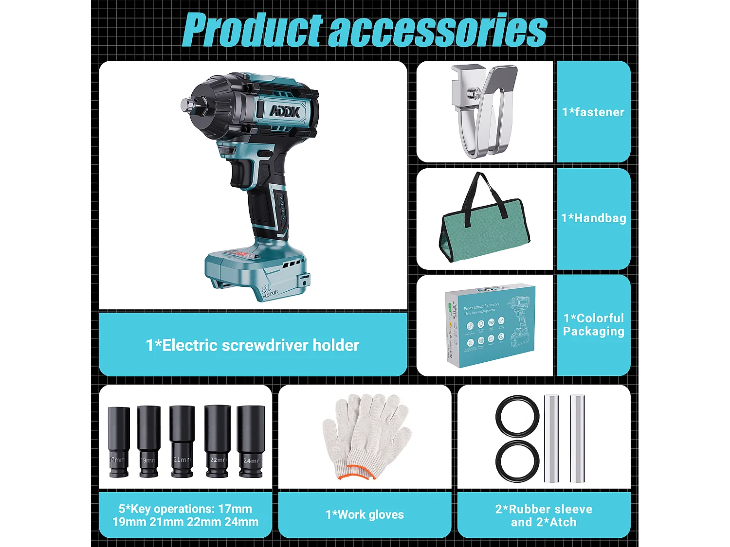 21V slagschroevendraaier zonder accu, 1000Nm, 6 snelheden met digitale koppelweergave + 5 doppen (17/19/21/22/24mm) + accessoires