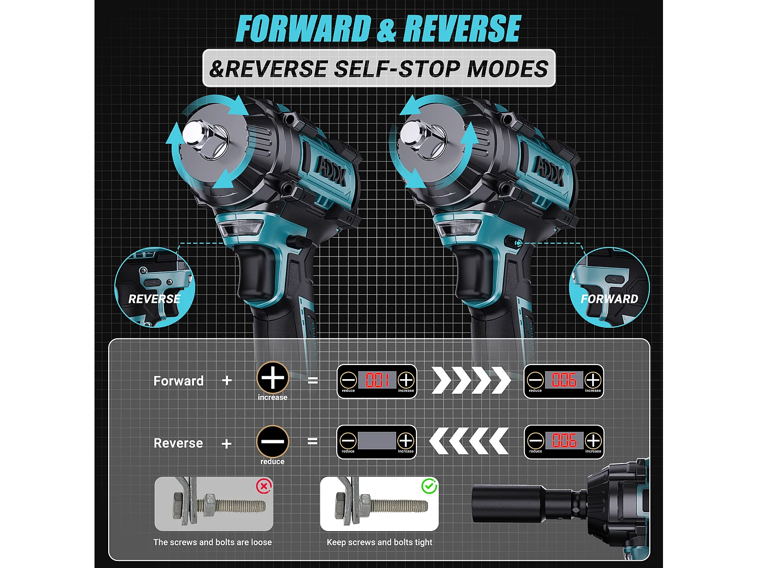 21V slagschroevendraaier zonder accu, 1000Nm, 6 snelheden met digitale koppelweergave + 5 doppen (17/19/21/22/24mm) + accessoires