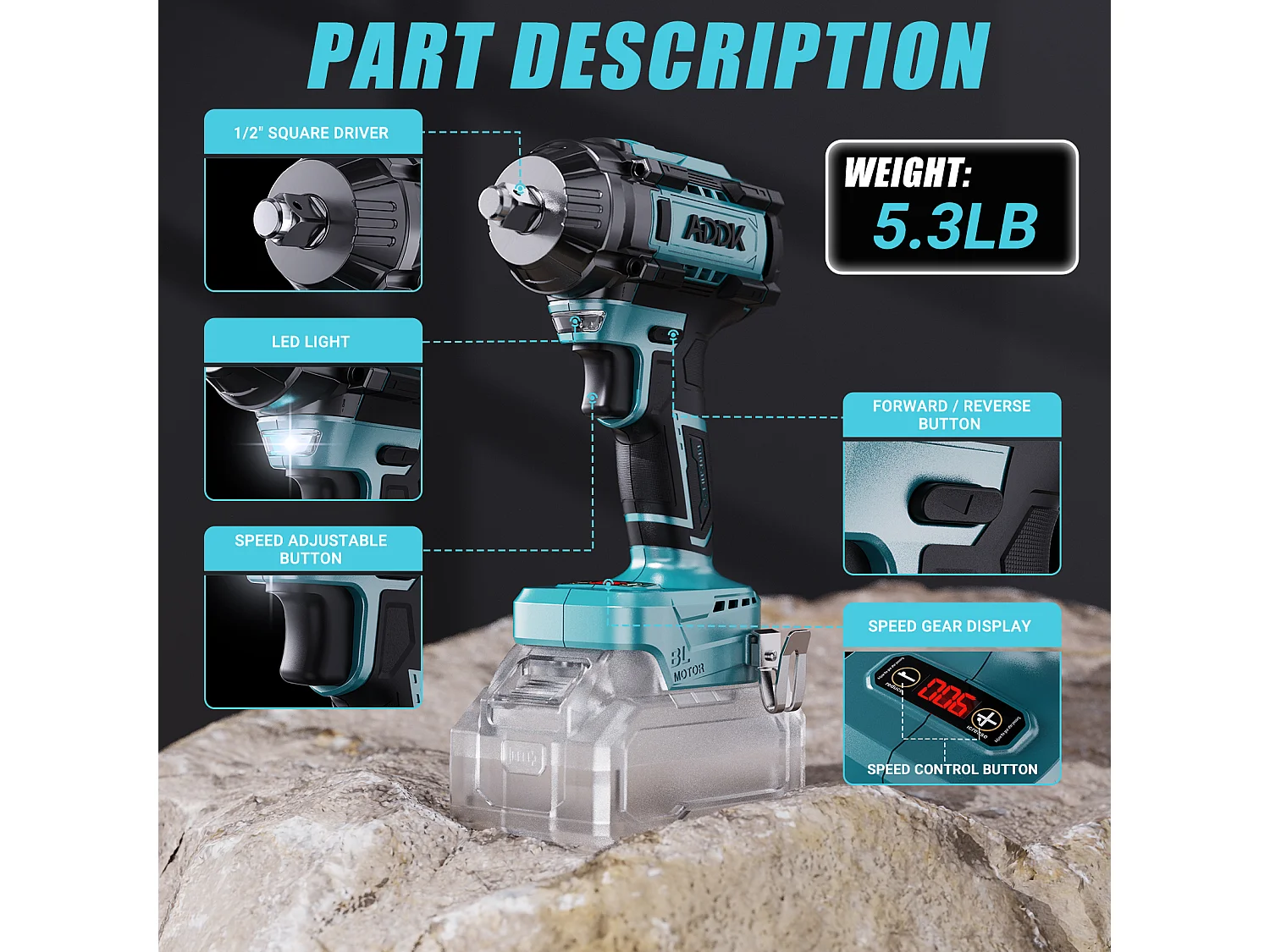 Chave de impacto 21V sem bateria, 1000Nm, 6 velocidades com visor digital de torque + 5 soquetes (17/19/21/22/24mm) + acessórios