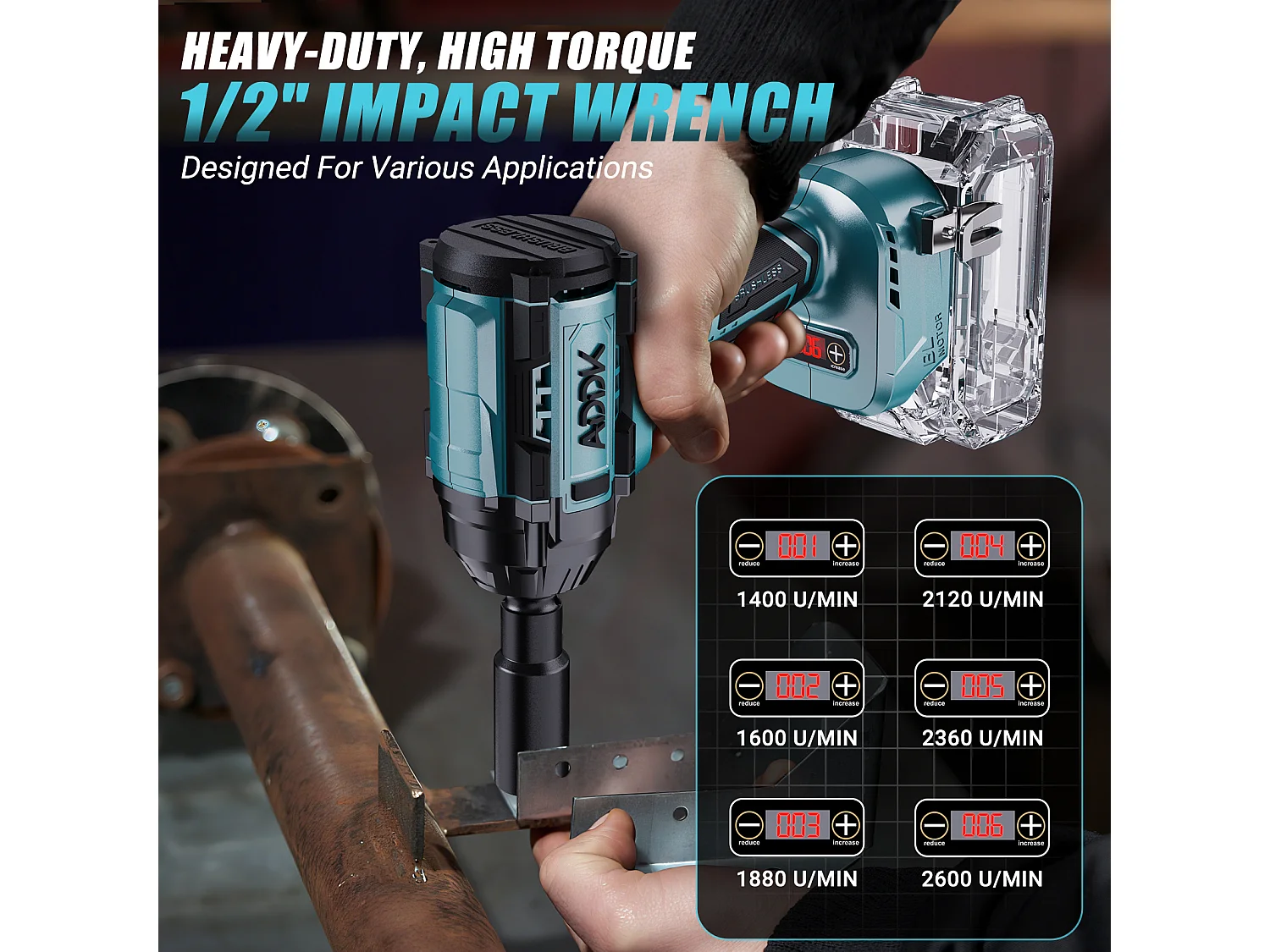 Chave de impacto 21V sem bateria, 1000Nm, 6 velocidades com visor digital de torque + 5 soquetes (17/19/21/22/24mm) + acessórios