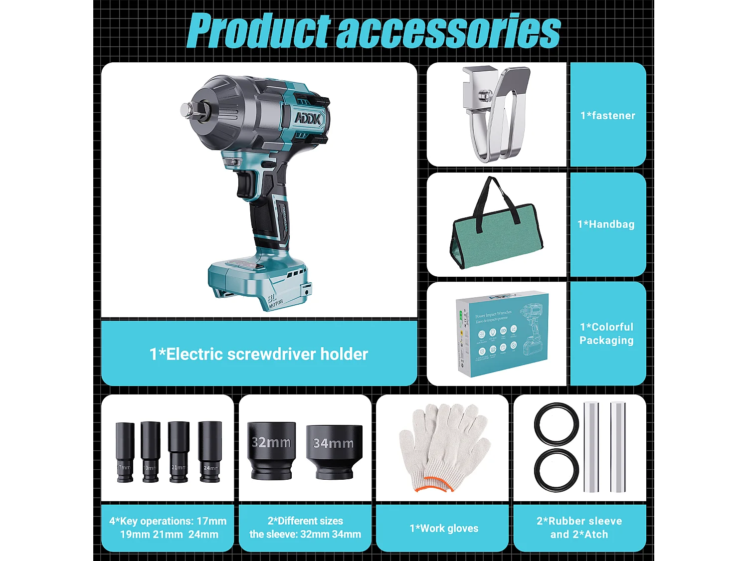 21V slagschroevendraaier zonder accu, 1600Nm, 6 snelheden met digitale koppelweergave + 6 doppen (17/19/21/22/32/34mm) + accessoires