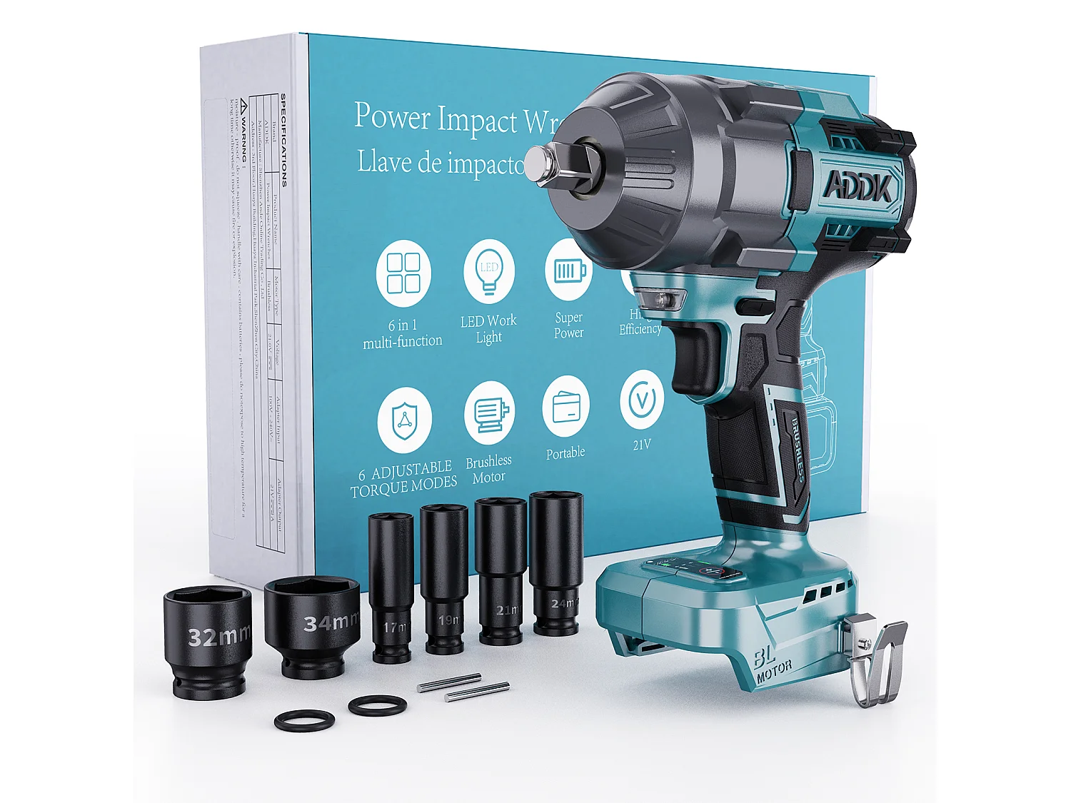 Chave de impacto 21V sem bateria, 1600Nm, 6 velocidades com visor digital de torque + 6 soquetes (17/19/21/22/32/34mm) + acessórios