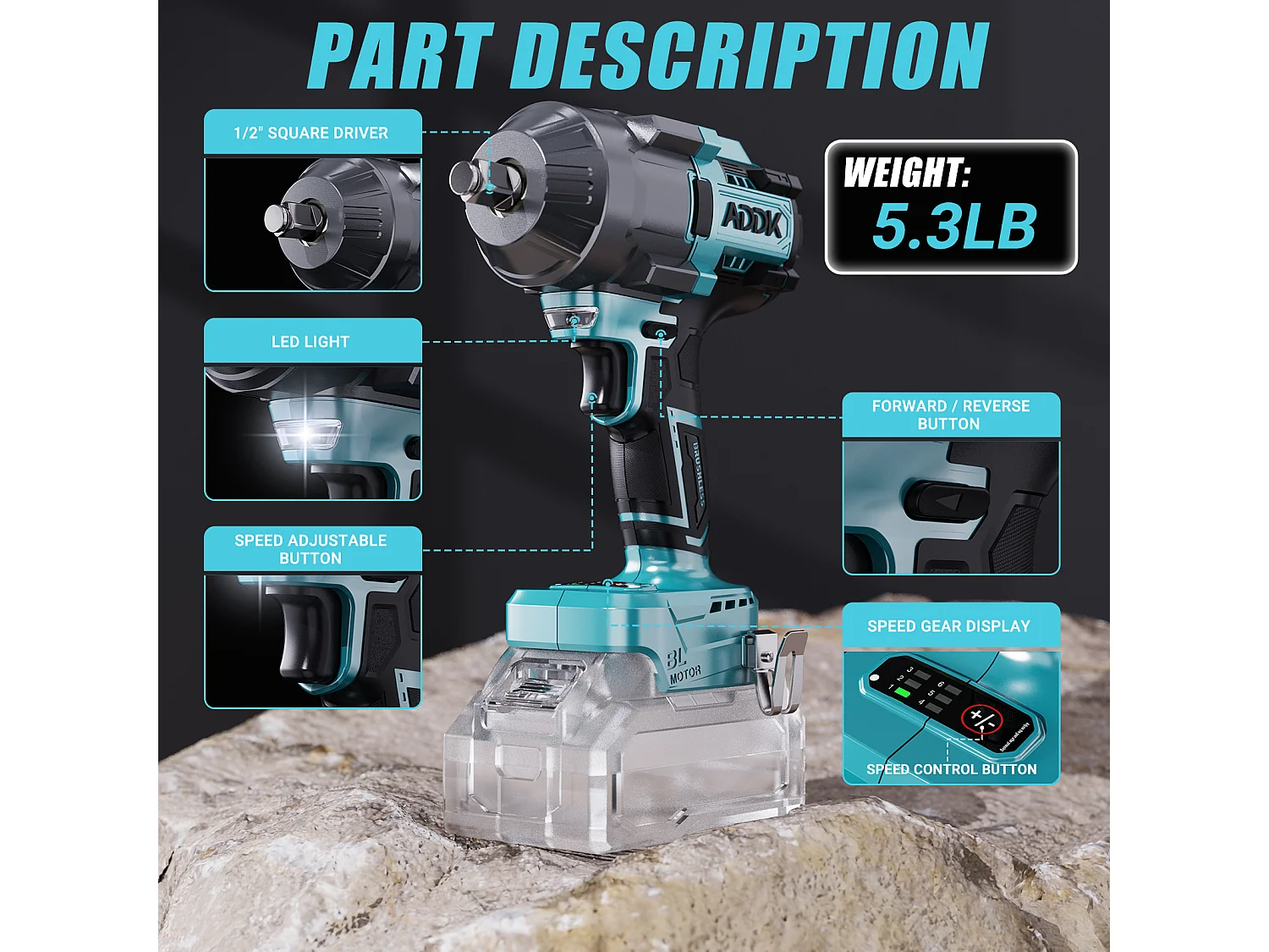 Chave de impacto 21V sem bateria, 1600Nm, 6 velocidades com visor digital de torque + 6 soquetes (17/19/21/22/32/34mm) + acessórios
