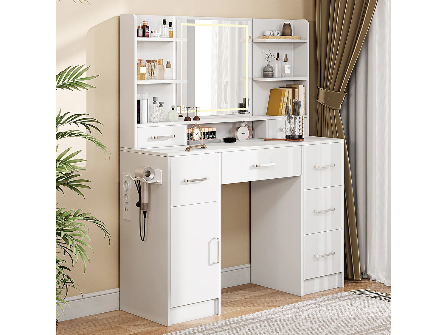 Coiffeuse avec Miroir LED Réglable, 2 Tiroirs + 2 Portes, Prise EU et Support Sèche-Cheveux – Design Moderne et Pratique