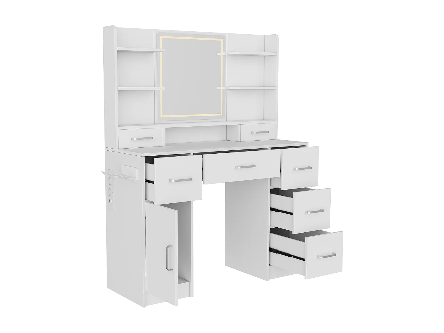 Coiffeuse avec Miroir LED Réglable, 2 Tiroirs + 2 Portes, Prise EU et Support Sèche-Cheveux – Design Moderne et Pratique