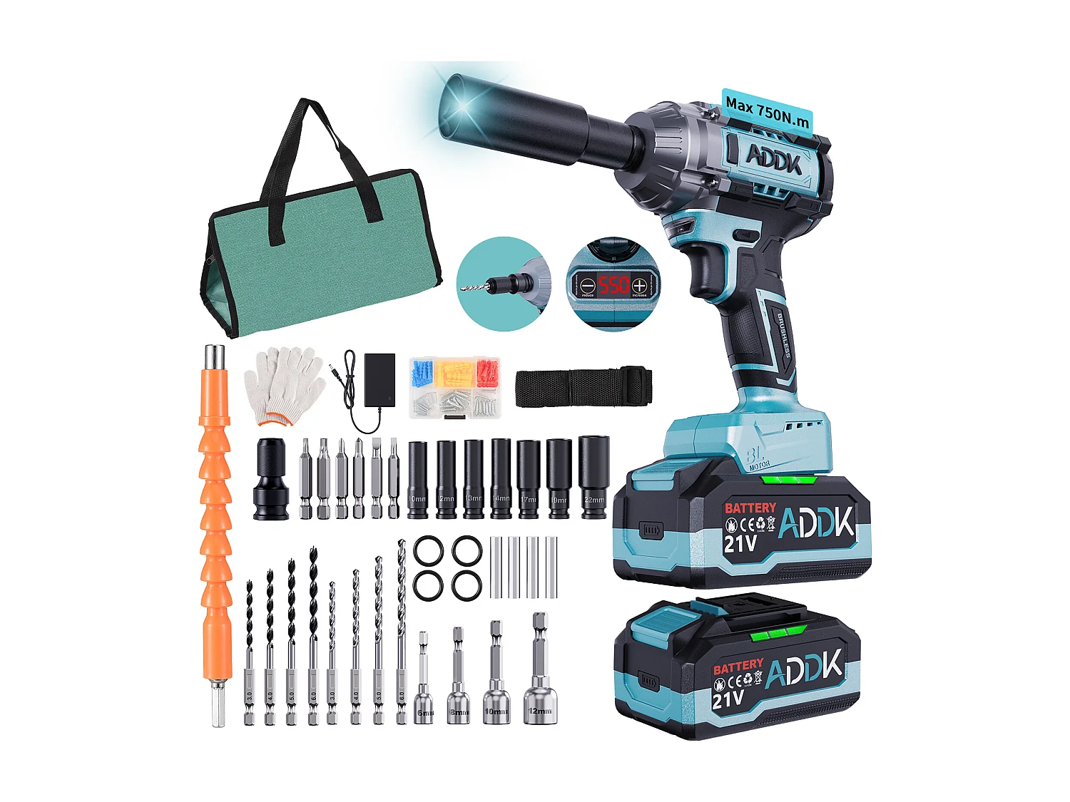 550N.M snoerloze borstelloze slagmoersleutel, elektrische slagmoersleutel met 4,0Ah 21V accu's, elektrische slagmoersleutel met 6 snelheden (combinatie 1)