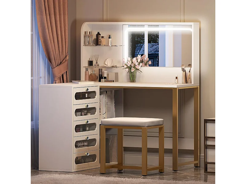Coiffeuse d’angle en forme de L avec miroir, rangements et étagères – Table de maquillage gain de place, design moderne pour chambre