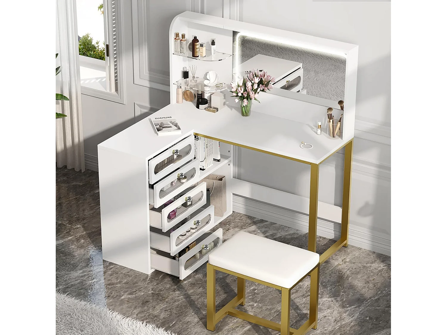 Coiffeuse d’angle en forme de L avec miroir, rangements et étagères – Table de maquillage gain de place, design moderne pour chambre