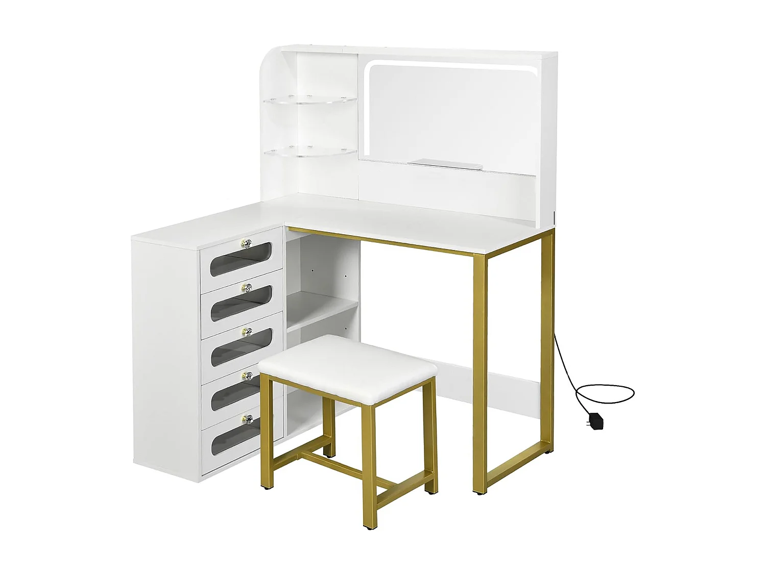 Coiffeuse d’angle en forme de L avec miroir, rangements et étagères – Table de maquillage gain de place, design moderne pour chambre
