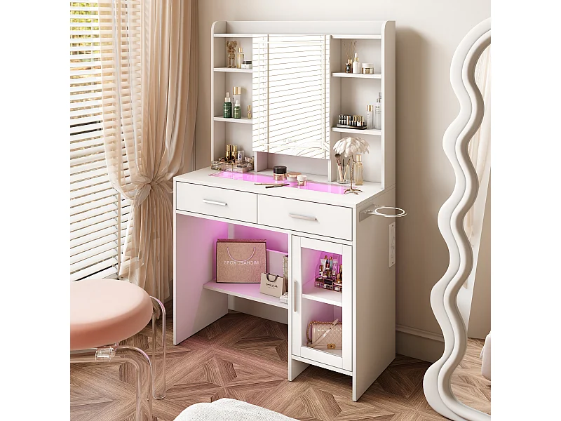 Coiffeuse avec plateau en verre trempé, prise électrique intégrée et support sèche-cheveux – Table de maquillage moderne et pratique