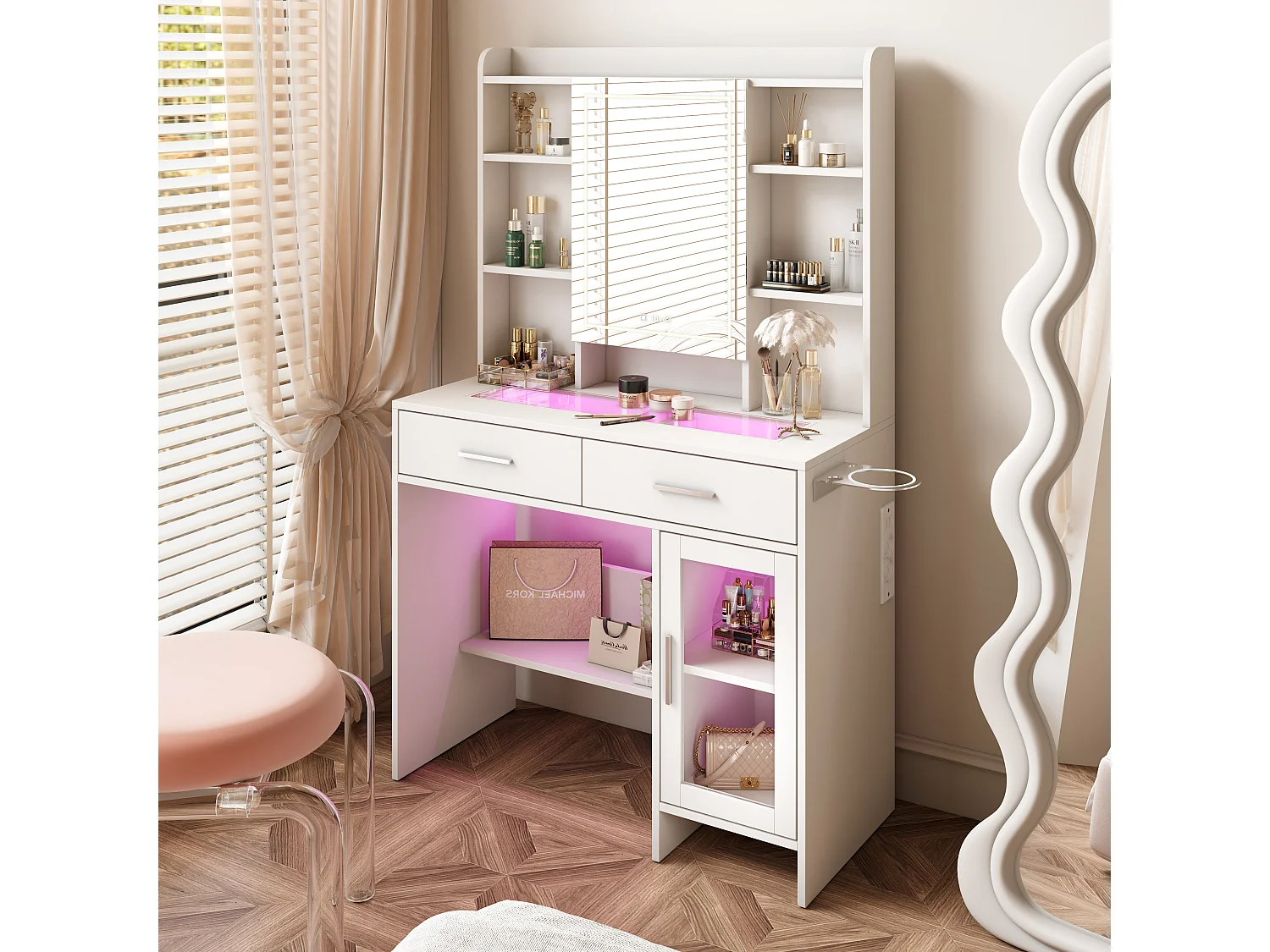 Coiffeuse avec plateau en verre trempé, prise électrique intégrée et support sèche-cheveux – Table de maquillage moderne et pratique