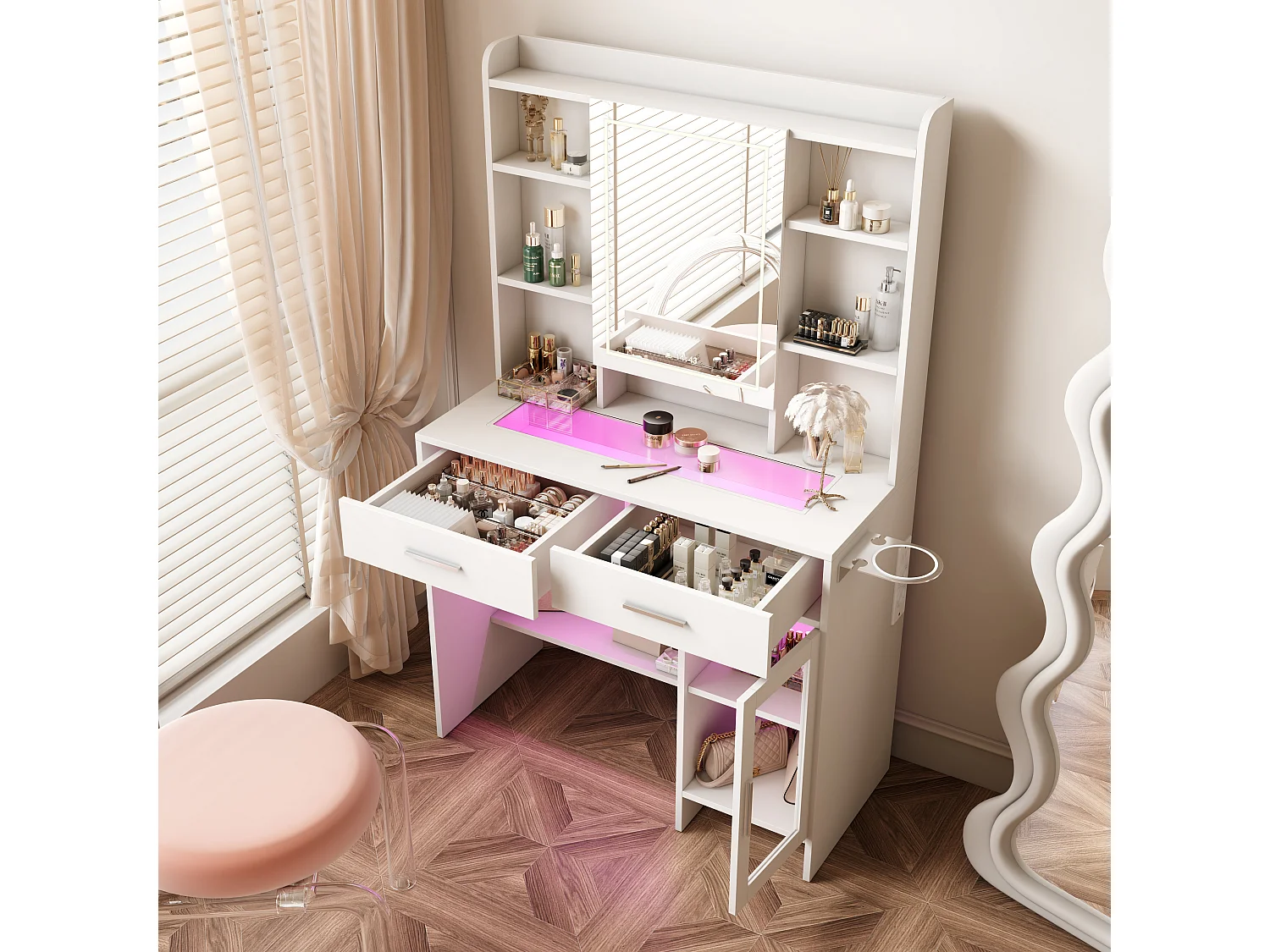 Coiffeuse avec plateau en verre trempé, prise électrique intégrée et support sèche-cheveux – Table de maquillage moderne et pratique