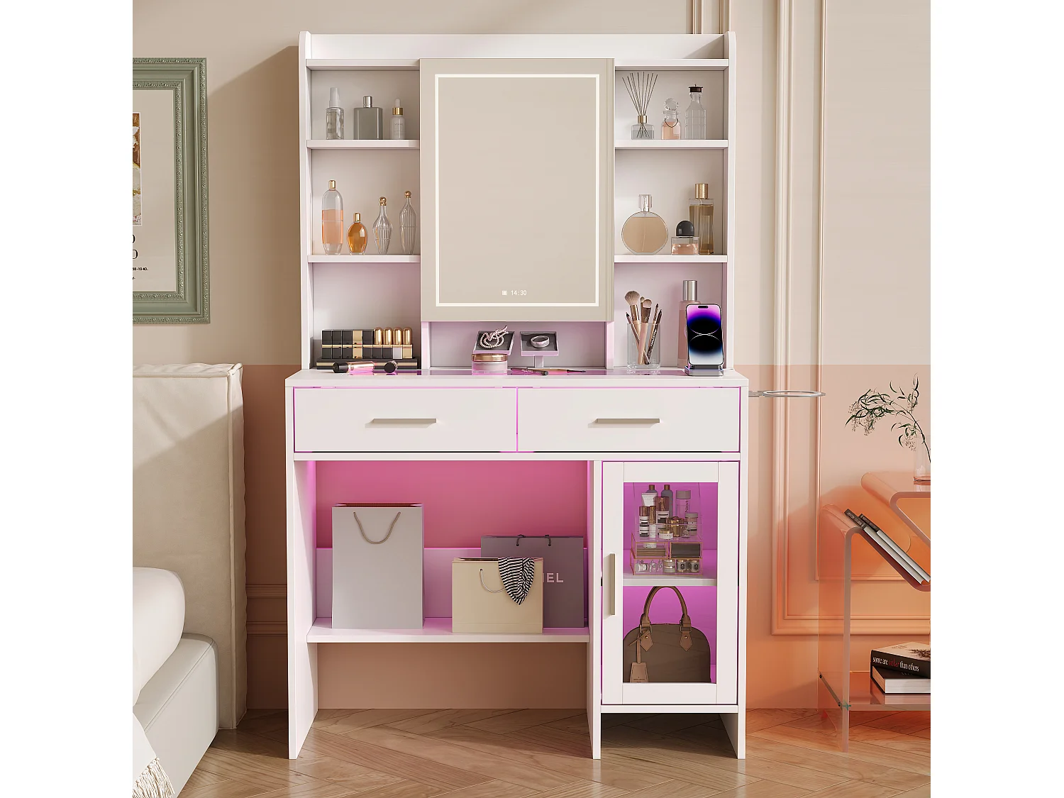 Coiffeuse avec plateau en verre trempé, prise électrique intégrée et support sèche-cheveux – Table de maquillage moderne et pratique