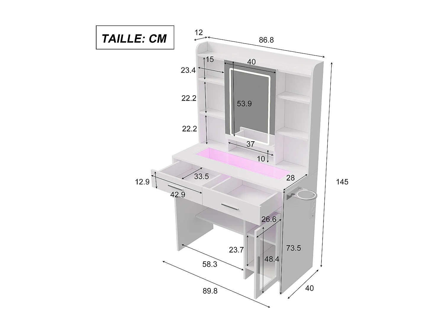Coiffeuse avec plateau en verre trempé, prise électrique intégrée et support sèche-cheveux – Table de maquillage moderne et pratique