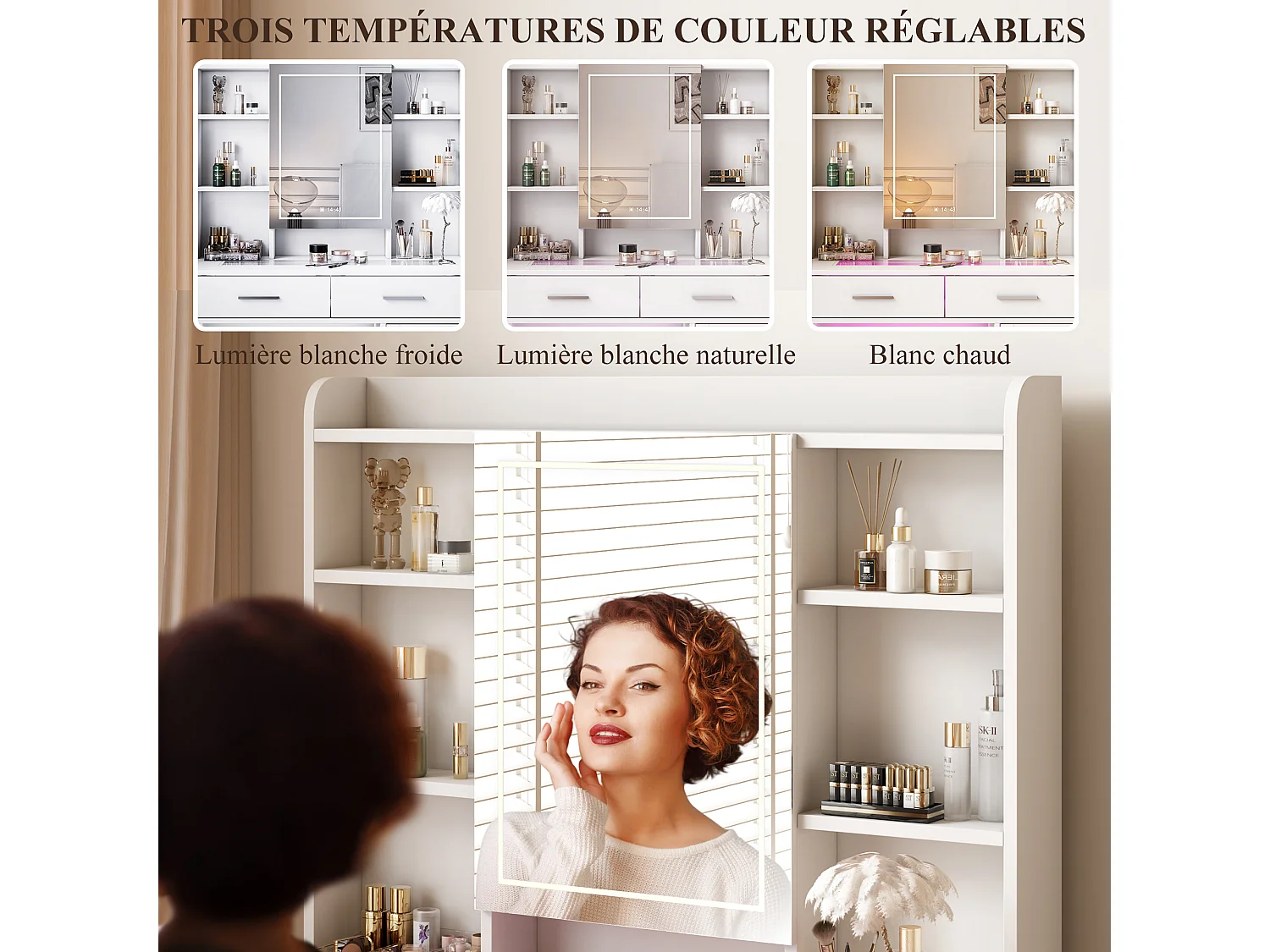 Coiffeuse avec plateau en verre trempé, prise électrique intégrée et support sèche-cheveux – Table de maquillage moderne et pratique