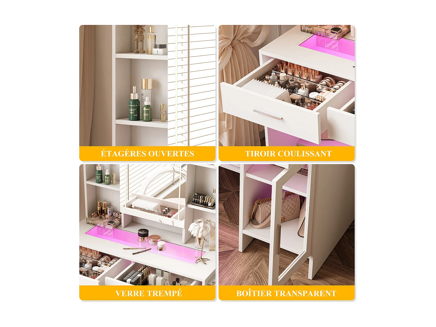 Coiffeuse avec plateau en verre trempé, prise électrique intégrée et support sèche-cheveux – Table de maquillage moderne et pratique