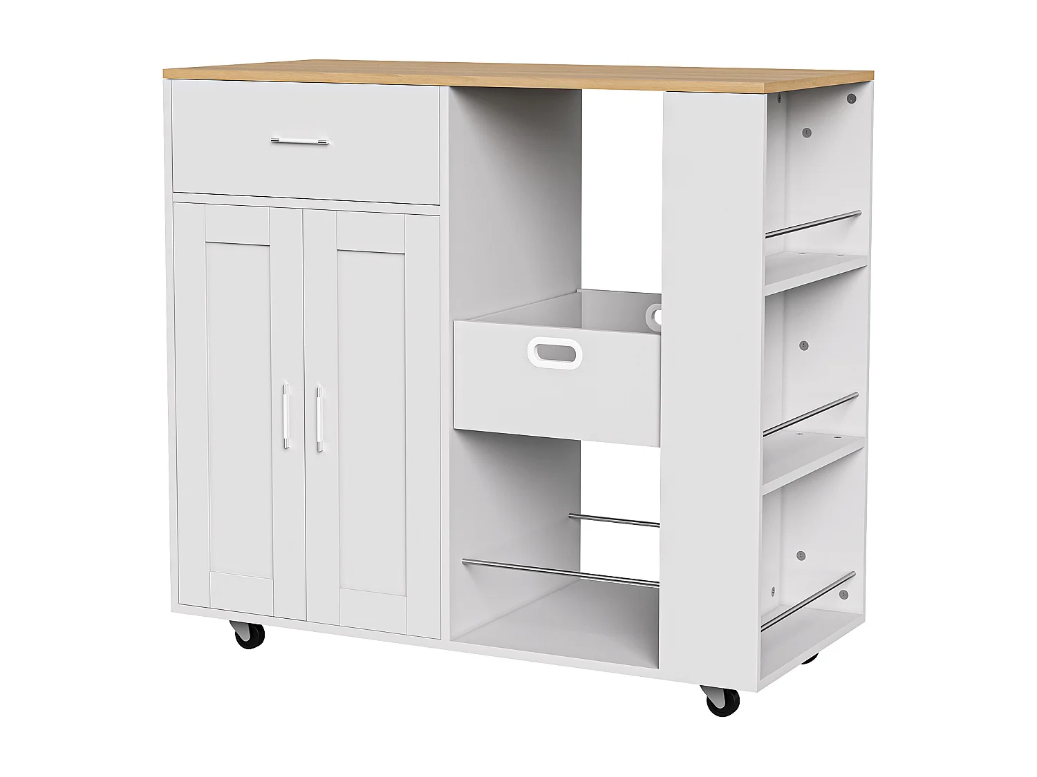 Ilha de cozinha móvel branca com tampo de carvalho – Armazenamento modular, gavetas e prateleiras abertas, prática e robusta.