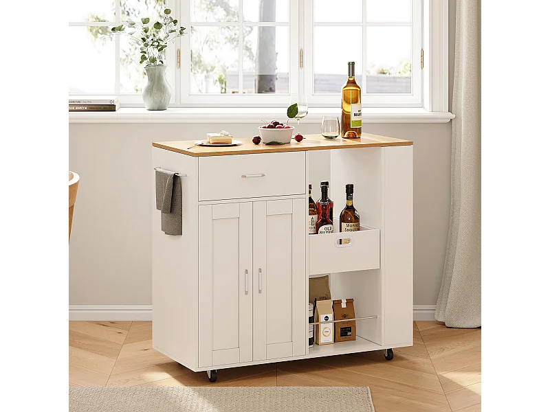 Isola mobile da cucina bianca con piano in rovere – Contenitori modulari, cassetti e ripiani aperti, pratici e robusti