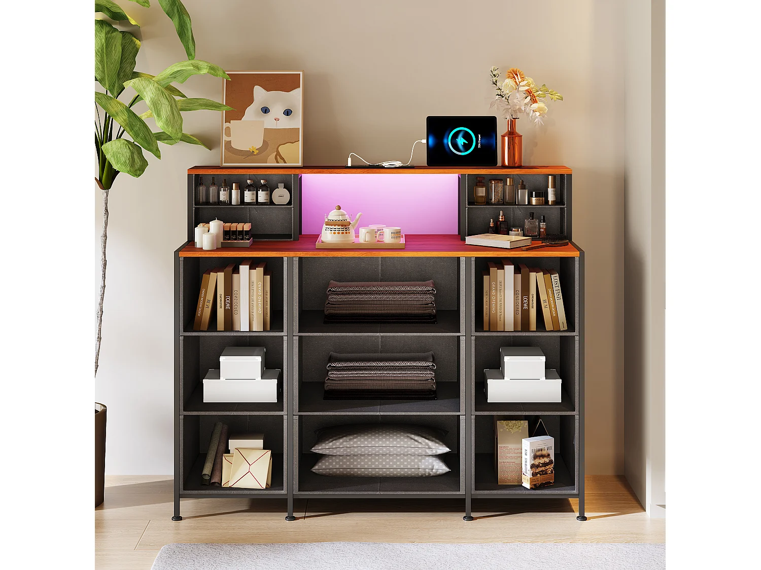 Coiffeuse de Rangement Vintage avec Tiroirs Multiples, LED RGB et Port USB – Grande Capacité, Design Rétro Élégant et Multifonctionnel