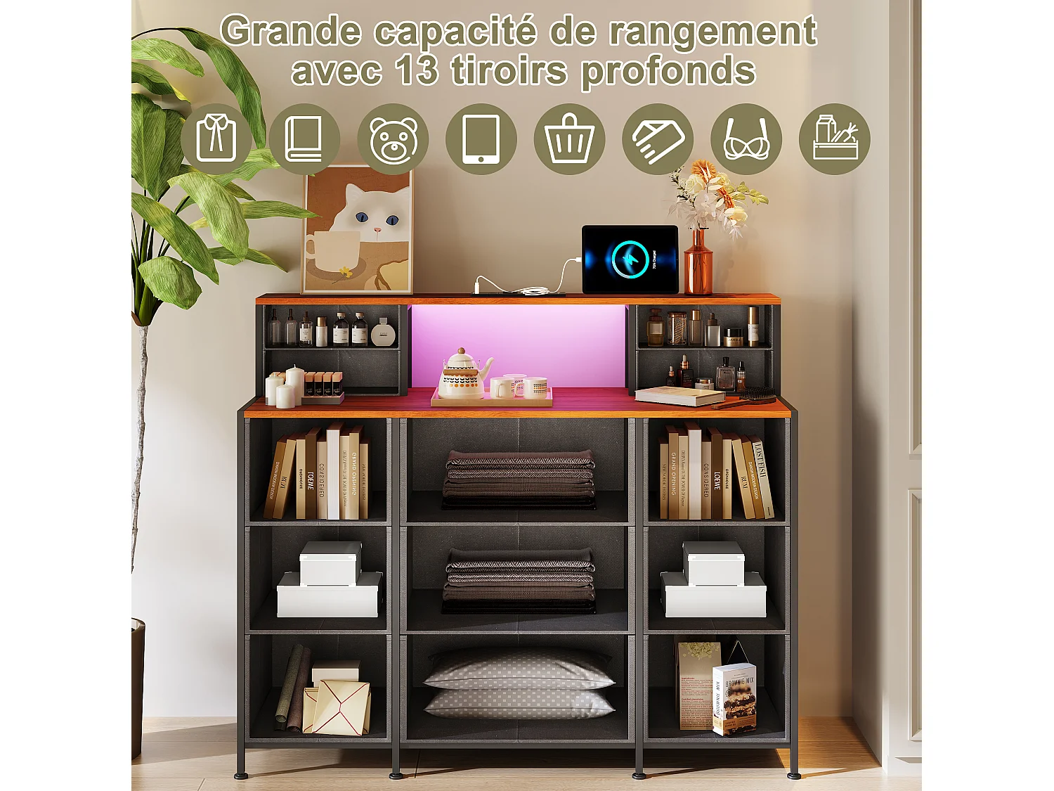 Coiffeuse de Rangement Vintage avec Tiroirs Multiples, LED RGB et Port USB – Grande Capacité, Design Rétro Élégant et Multifonctionnel