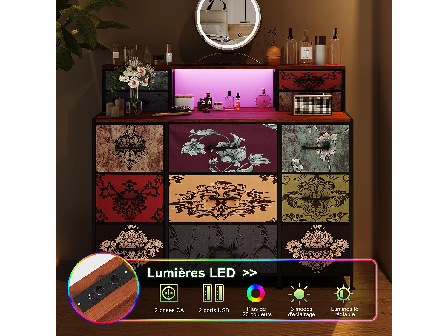 Coiffeuse de Rangement Vintage avec Tiroirs Multiples, LED RGB et Port USB – Grande Capacité, Design Rétro Élégant et Multifonctionnel