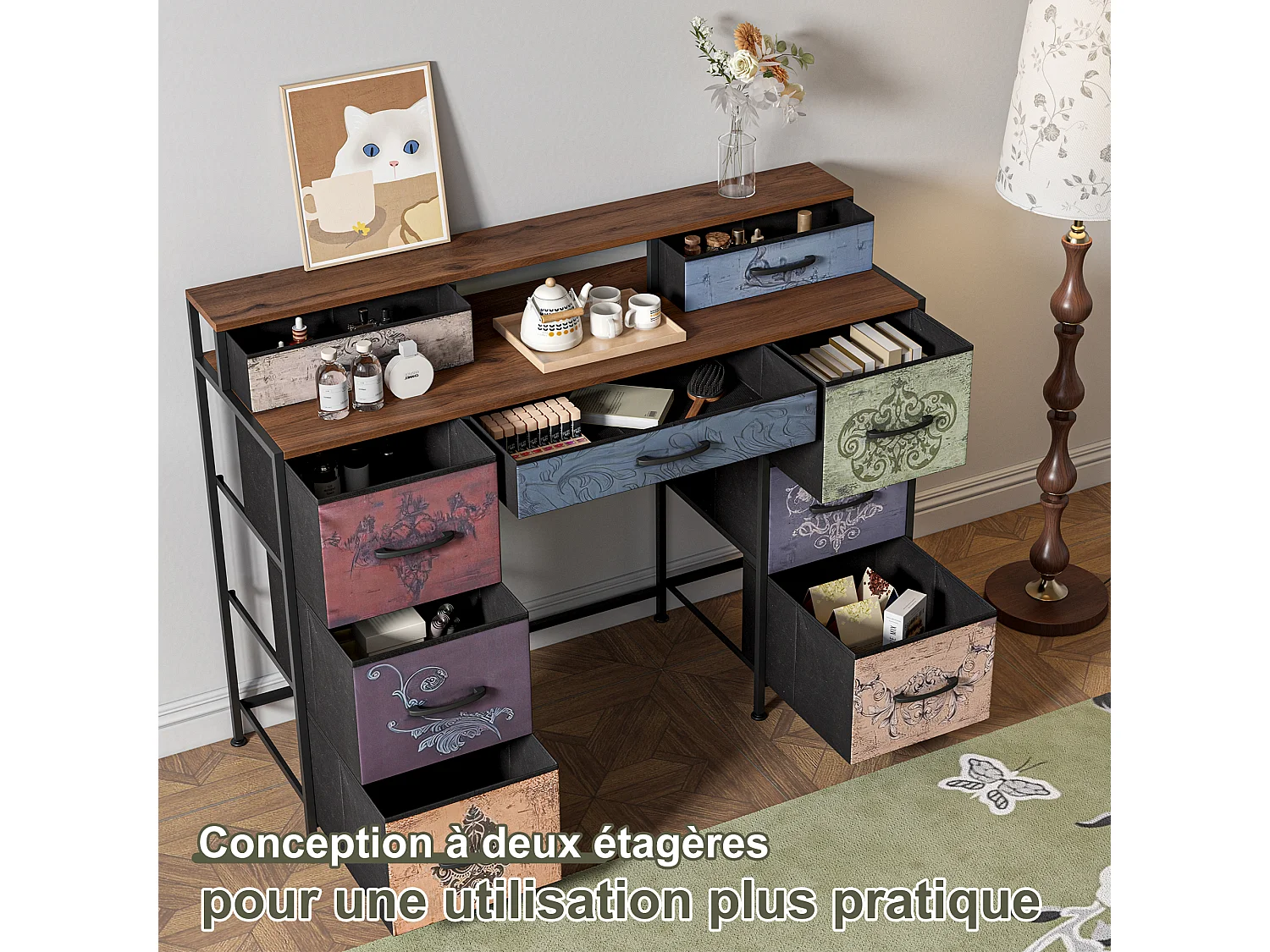 Coiffeuse avec 9 tiroirs, grand espace de rangement, plateau en bois, design double côté, pieds réglables et système anti-basculement