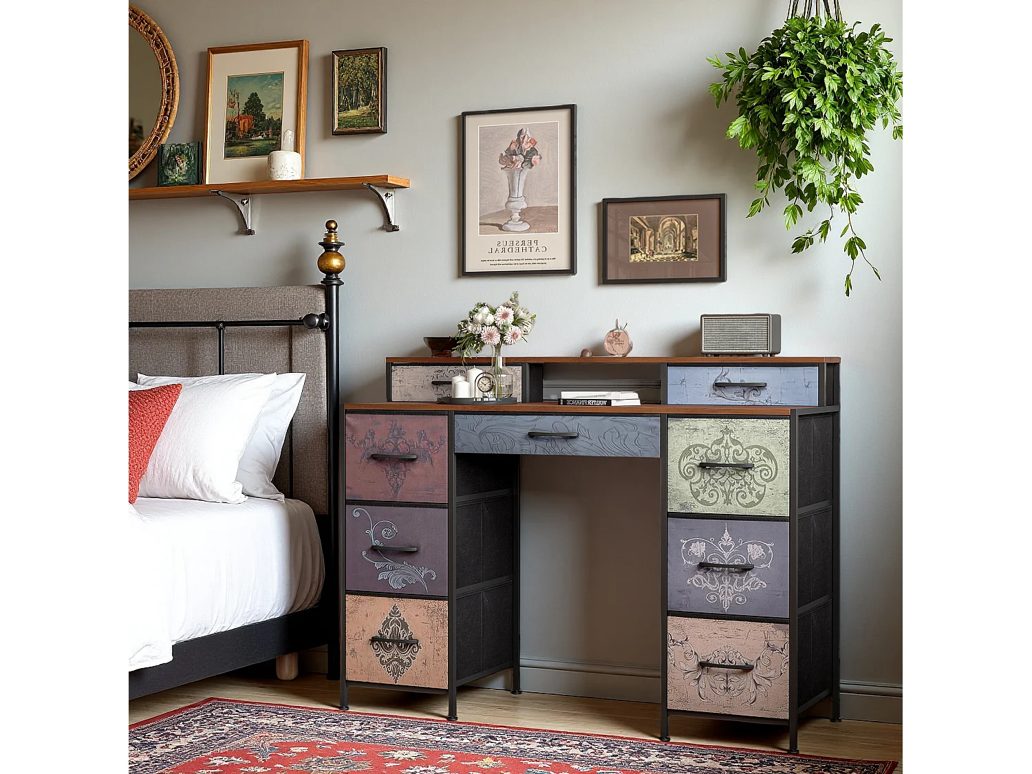 Coiffeuse avec 9 tiroirs, grand espace de rangement, plateau en bois, design double côté, pieds réglables et système anti-basculement