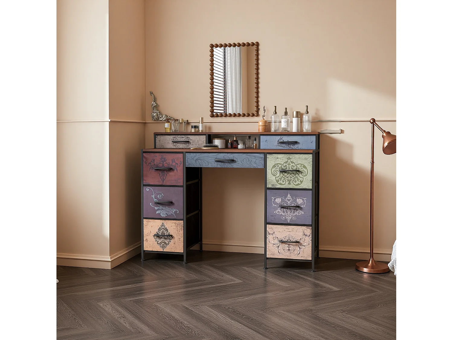 Coiffeuse avec 9 tiroirs, grand espace de rangement, plateau en bois, design double côté, pieds réglables et système anti-basculement