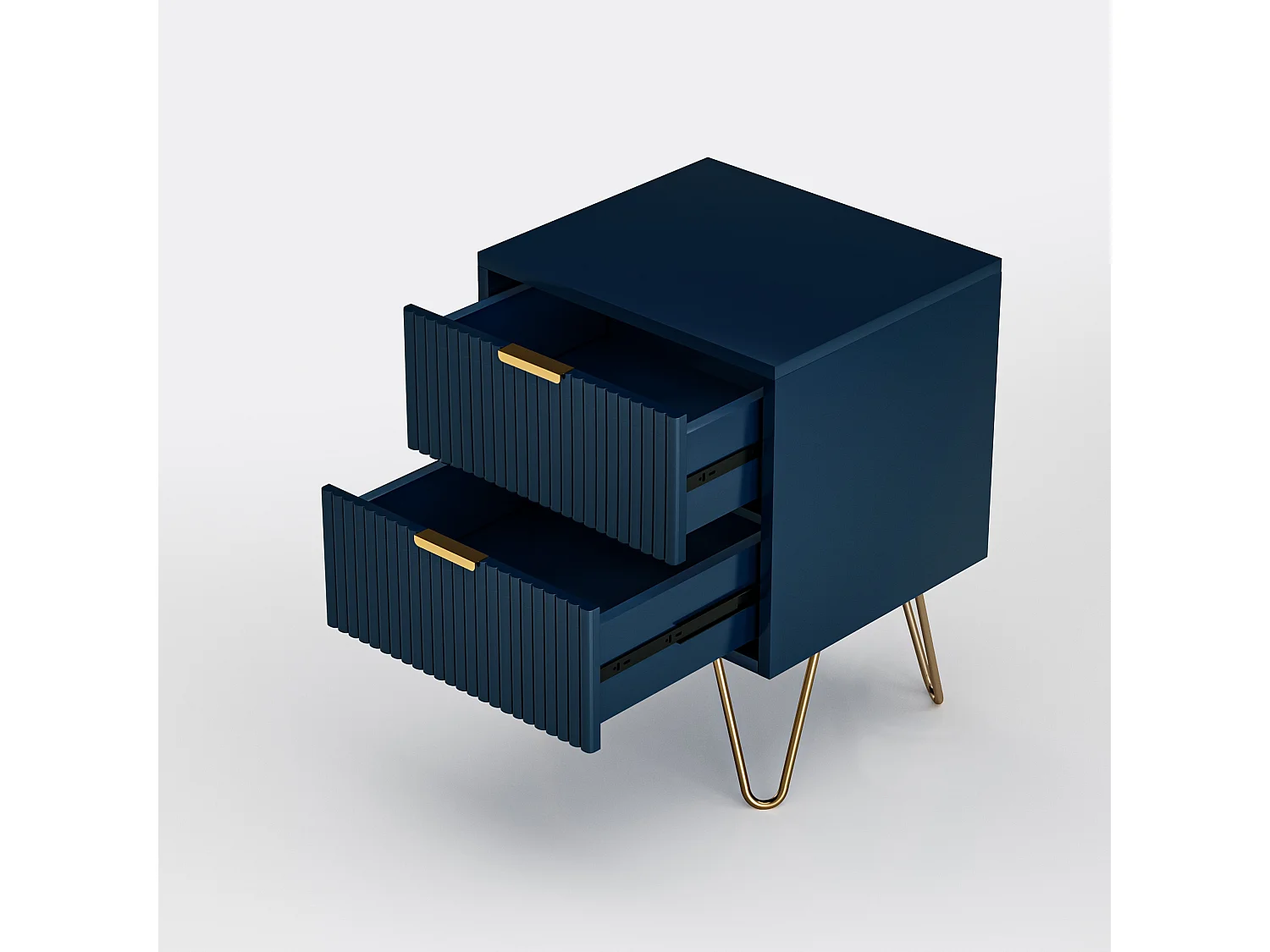 Commode 2 Tiroirs à Pieds Dorés avec Motif Vertical, Bleu Profond – Élégante, Moderne et Pratique pour Chambre ou Salon